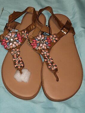 New! Torrid Pink Blue Gem Jewel Sandal Size 9 Tan Thong Gorgeous Htf!